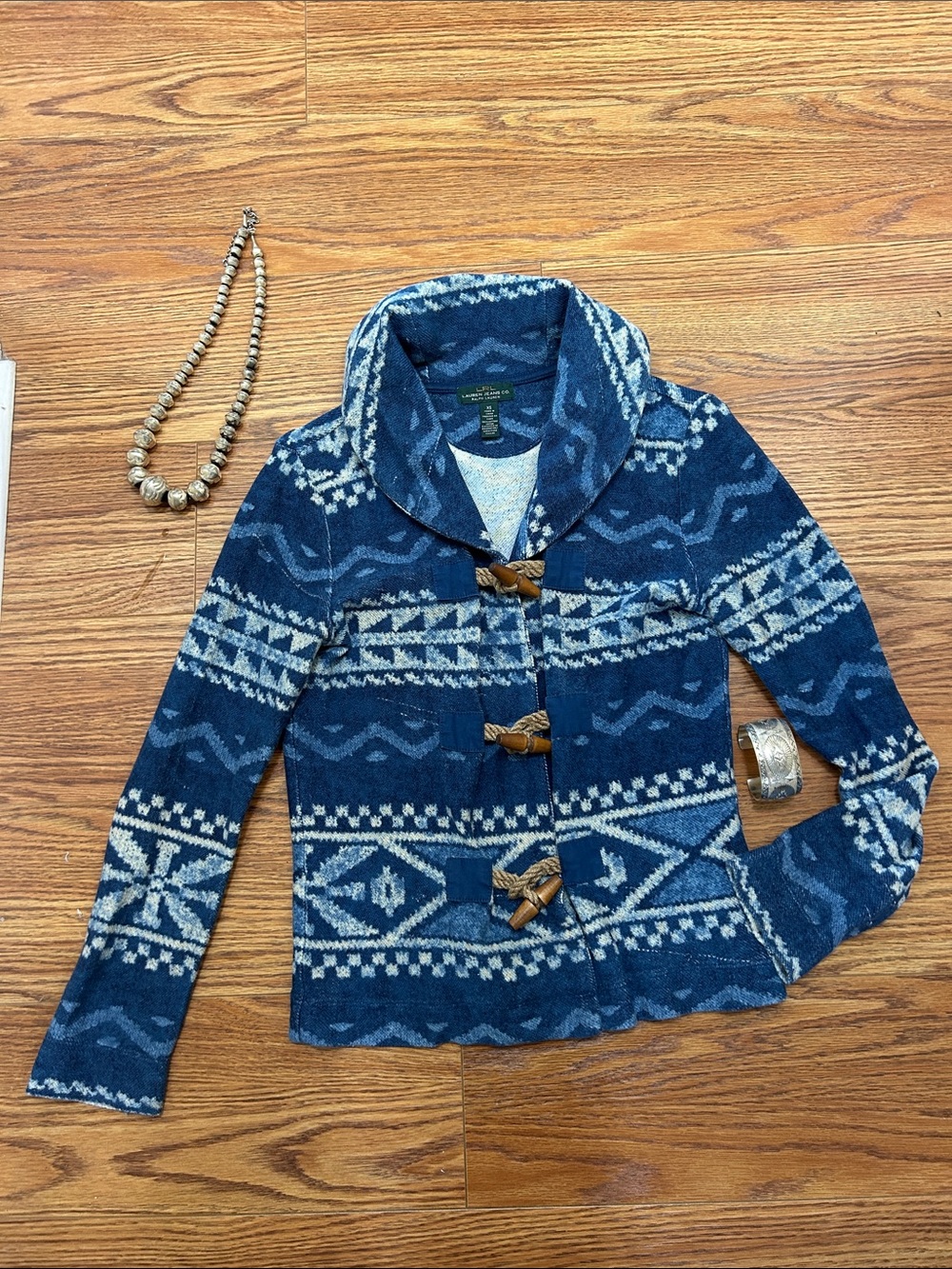 Ralph Lauren Blue and Cream Patterned Toggle Cardigan